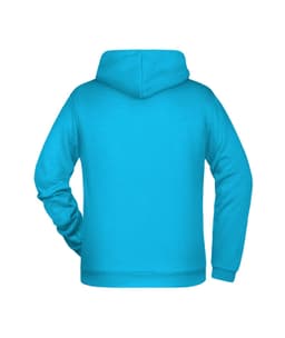 A turquoise men's hoodie featuring a hood and long sleeves with a smooth back design.