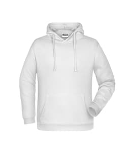A white men's hoodie with a front pocket and a drawstring hood. The hoodie features a logo.