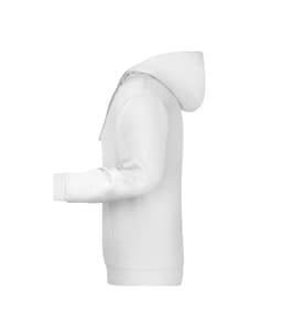 A white men's hoodie displayed from the side, featuring a hood and a front pocket. It has a simple design with a logo.