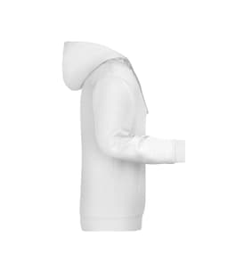 A white men's hoodie featuring a spacious hood and long sleeves, with a side view showcasing its relaxed fit.