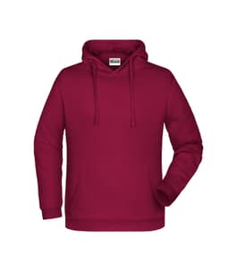 A maroon men's hoodie with a front pocket and drawstring hood, featuring a logo on the chest.