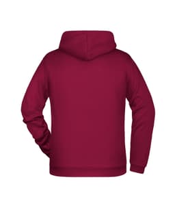 A maroon men's hoodie with a spacious back and a hood. Features long sleeves and a solid colour design.
