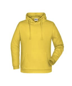 A yellow men's hoodie with a front pocket and an adjustable hood, featuring a logo.