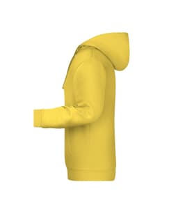 A yellow men's hoodie with a front pocket and attached hood, featuring a logo.
