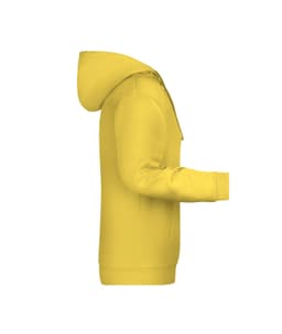 A yellow men's hoodie featuring a hood and long sleeves, with a front pocket and branding.