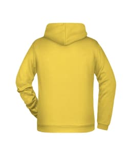 A yellow men's hoodie featuring a hood and long sleeves, with a plain back and a logo.