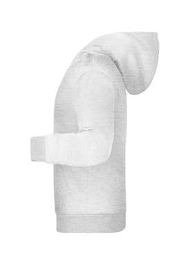 A grey children’s hoodie featuring a hood and long sleeves, with a simple design and a logo.