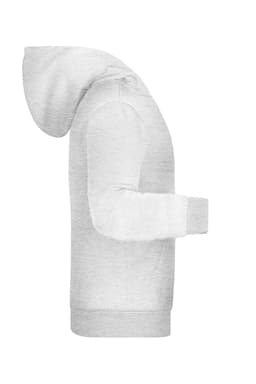 A grey children's hoodie featuring a hood and long sleeves, with a logo on the front.