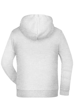 A grey children's hoodie with a hood and long sleeves, featuring a logo on the back.