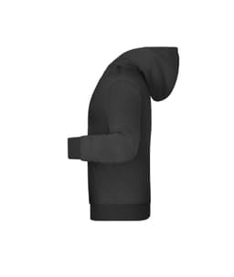 A charcoal grey children's hoodie featuring a front pocket and a hood. It has a logo on the front.