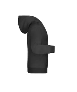 A black children's hoodie with a hood and long sleeves, featuring a side view and a logo.