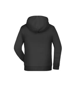 A black children's hoodie with a hood and long sleeves, featuring a plain back design.