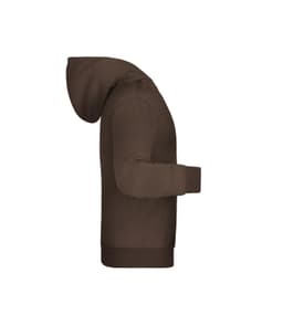 A brown children's hoodie featuring a hood and long sleeves, showcased in a side view.