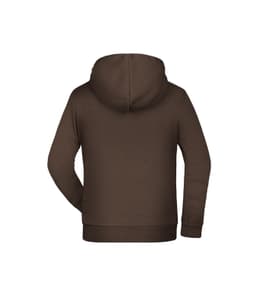 A brown children's hoodie with a hood and long sleeves, featuring a plain design and a logo on the back.