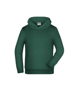A green children's hoodie featuring a front pocket and a drawstring hood. The hoodie has a logo on the label.