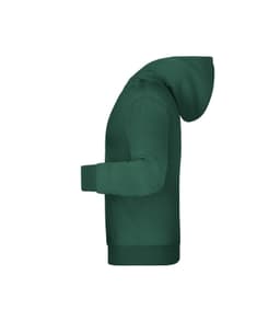 A green children's hoodie featuring a hood and long sleeves, with a logo on the front.