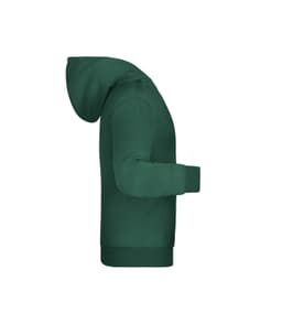 A green children's hoodie featuring a hood and long sleeves, with a logo on the front.