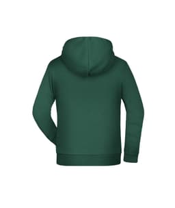 A green children's hoodie featuring a back view and a hood, with a simple design and a logo.