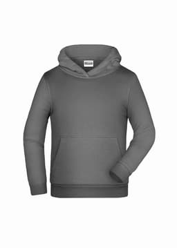 A grey children's hoodie with a front pocket and a drawstring hood, featuring a logo on the label.