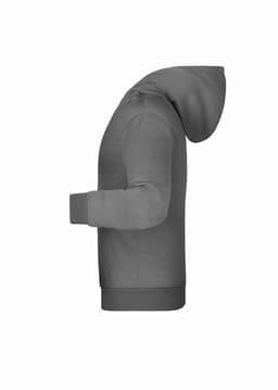 A grey children’s hoodie featuring a kangaroo pocket and a hood, with a small logo on the side.