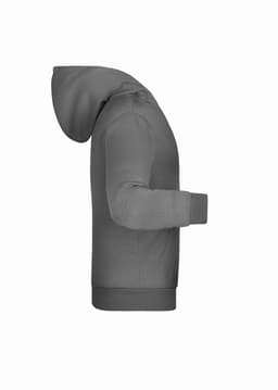 A grey children's hoodie featuring a hood, long sleeves, and a pocket at the front. It includes a logo.