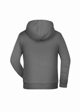 A grey children's hoodie with a hood, featuring a plain back and long sleeves.