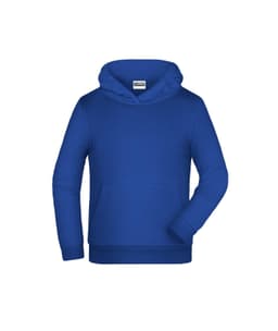 A blue children's hoodie with a front pocket and a hood. Features a branding logo.