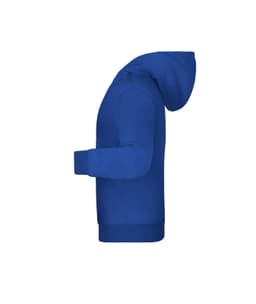 A blue children's hoodie with a hood and long sleeves, featuring a logo.
