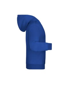 A blue children's hoodie featuring a kangaroo pocket and a hood, with a logo on the front.
