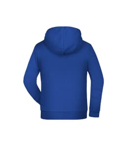 A blue children's hoodie with a kangaroo pocket and a hood, featuring a branding logo.