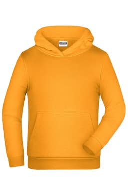 An orange children's hoodie with a front pocket and a hoodie. It features a logo on the chest area.