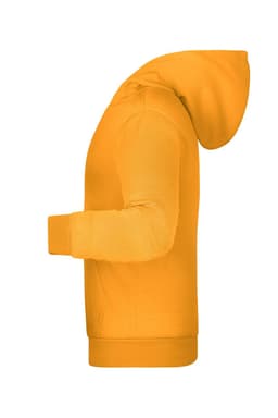 A bright yellow children's hoodie with a side view, featuring a hood and long sleeves. It has a logo on it.