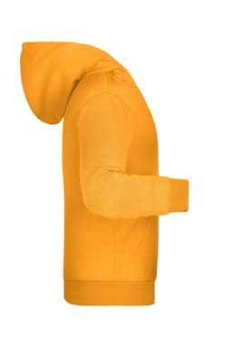 A bright yellow children's hoodie with a hood, featuring a side view and long sleeves.
