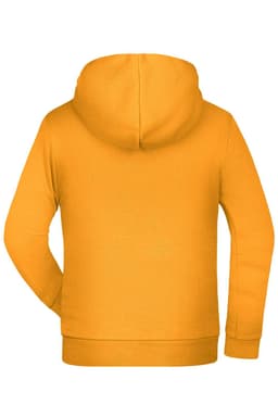 A bright yellow children's hoodie featuring a hood and long sleeves, with a back view displayed.