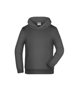 A grey children's hoodie featuring a front pocket and a drawstring hood. It has a logo on the chest.