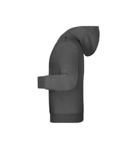 A grey children's hoodie with a hood, featuring long sleeves and a front pocket. The product has a logo on it.