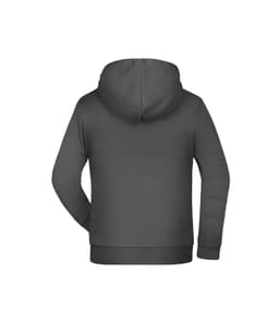 A dark grey children's hoodie with a hood and long sleeves, featuring a branded logo.