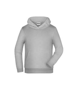 A grey children’s hoodie featuring a front pocket and a hood, with a logo on the label.