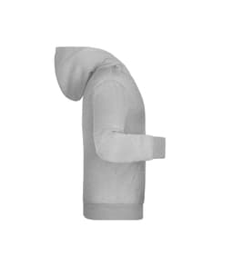 A grey children's hoodie featuring a front pocket and a hood, displayed from a side view. It has a logo.
