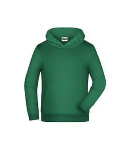 A green children's hoodie featuring a front pocket and a hood, with long sleeves. It has a logo on the label.