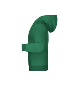 A green children's hoodie featuring a hood and a side view design, with a logo on the front.