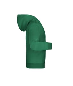 A green children's hoodie featuring a hood and long sleeves. It has one logo on the front.