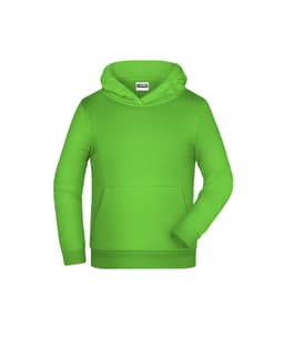A bright green children's hoodie with a front pocket and a hood, featuring a logo on the chest area.