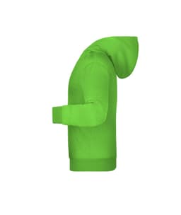 A bright green children’s hoodie with a front pocket and a large hood. It features a logo on the front.