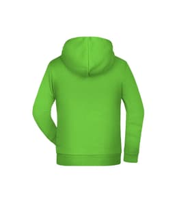 A vibrant green children's hoodie with a hood and long sleeves, featuring a branded logo.