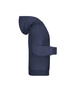 A navy children’s hoodie displayed from the side, featuring a hood and long sleeves. It has a logo on the front.