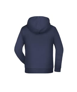 A navy children's hoodie features a standard design with a hood and long sleeves. It has a branded logo on the back.