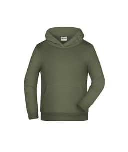 A children's hoodie in olive green with a front pocket and a hood, featuring a logo on the chest.