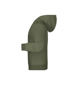A green children's hoodie featuring a kangaroo pocket and a hood, with a logo on the front.