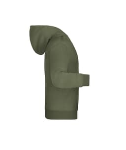 An olive green children's hoodie with a front pocket and a hood, featuring a logo.